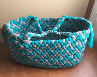 Teal and herringbone tote