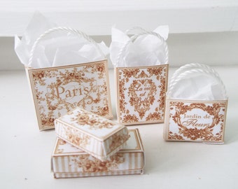 1:12 Scale Minature Shabby Paris Toil gift bags and boxes dollhouse toile black white blue transferware style collection shabby French chic