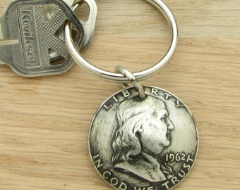 For 55th: 1962 Antiqued Half Dollar Keychain Coin Accessory 55th Birthday or 55th Anniversary Gift Coin Accessory