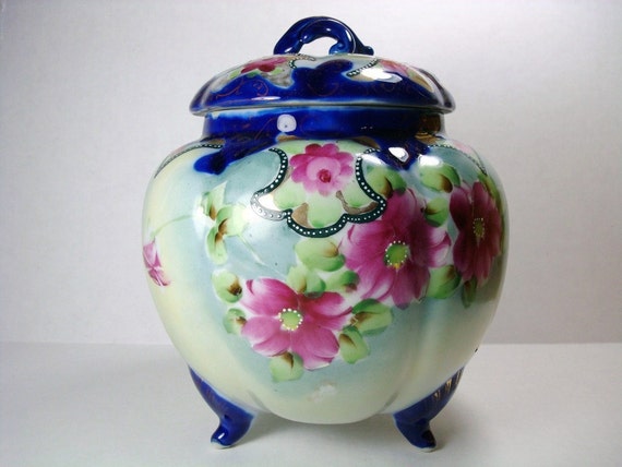 Vintage Porcelain Biscuit Jar Flow Blue and Pink Floral