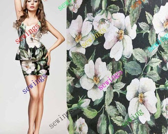DISCOUNT cdk-4022 Large White Flower on Black Nice Digitally Print Natural Pure Silk Fabric Crepe by Meters/ Yards Dressmaking Material