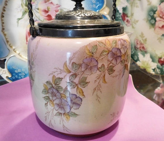 Antique Biscuit Jar Royal Doulton Biscuit Barrel Victorian 1800s Art Nouveau Cottage Chic Elegant Home Decor Floral Violets Flowers