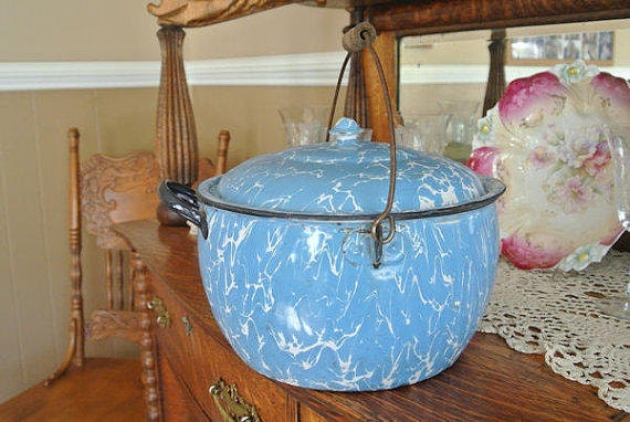 1800s Graniteware Kettle Covered Berlin Style Antique Enamelware Light Blue and White Swirl Camping Campfire Cooking Cottage Chic Farmhouse