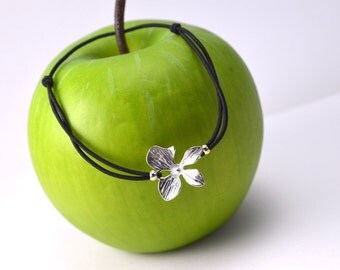 Orchid Silver Bracelet black cord