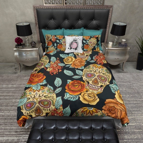 Lightweight Sugar Skull Bedding - Gold and Teal Rose Print - Sugar Skull Comforter Cover, <a href=