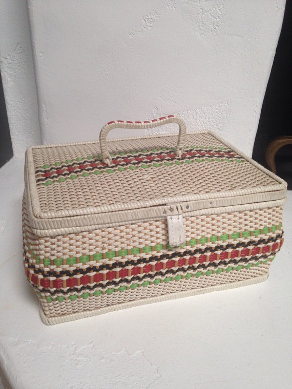 Vintage Plastic Woven Wicker Sewing Basket Satin by rudolph130a