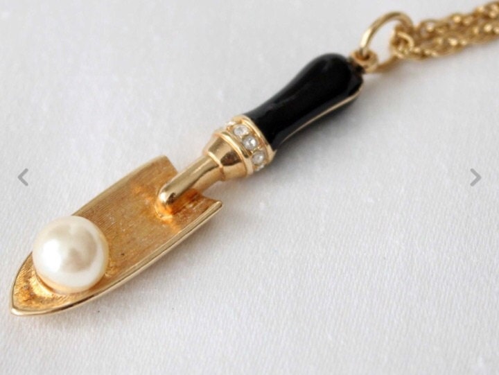 Swarovski Necklace Gold Tone Shovel Pearl and Crystal Pendant