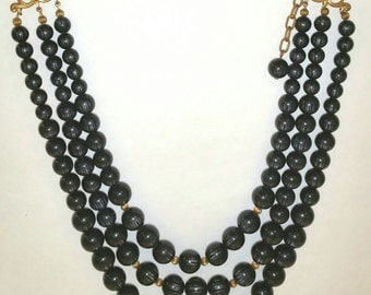 Vintage striped black striped lucite moonglow bead necklace retro black necklace
