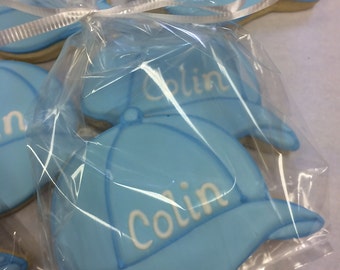 Baseball Cap Cookie Favors, Baby Shower Favors, Great Baby Shower Cookies, Baseball Cap Party Favor Cookies, Baseball Themed Cookie Favors
