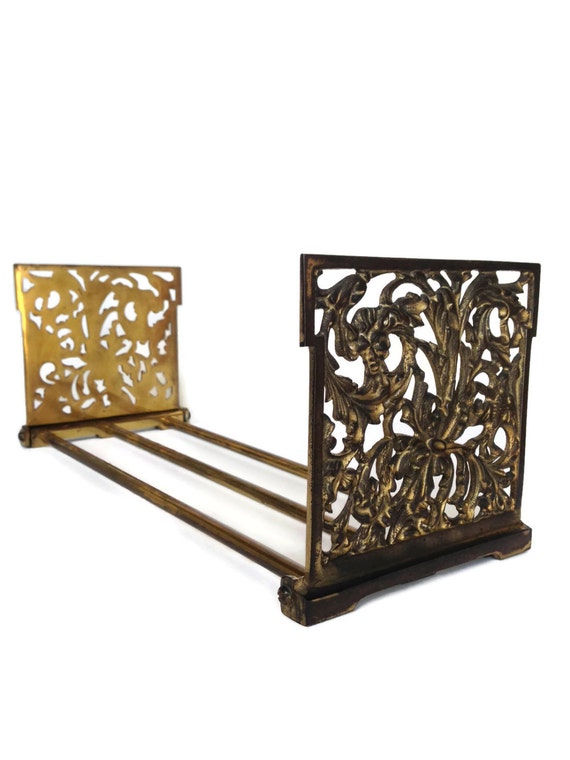 Vintage brass bookend expandable book holder scroll metal work