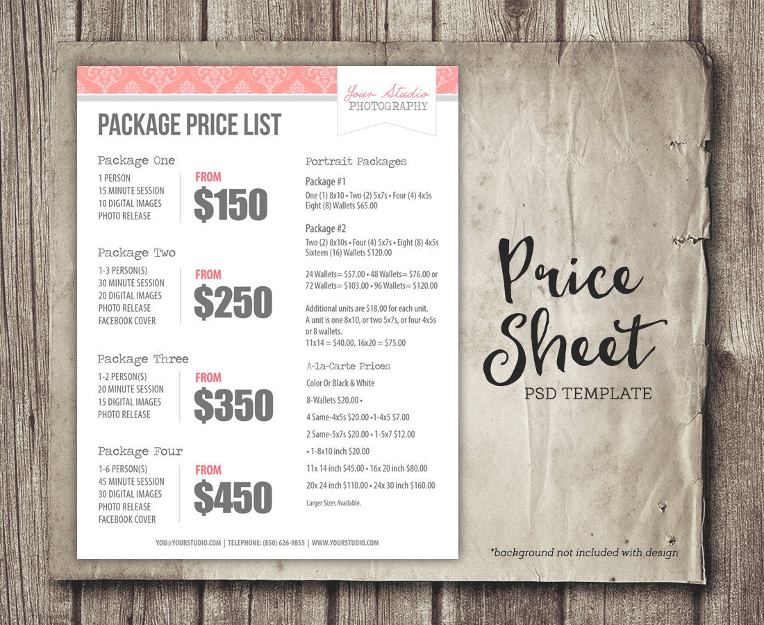 Price List Template Photography Price Sheet Marketing