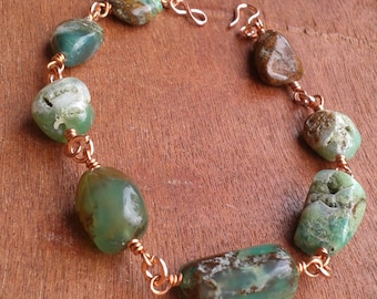 Green Chrysoprase Gemstone Bracelet, Copper Wire Jewelry, Crystal Healing, Uncovers Truth, Bright Green Stones