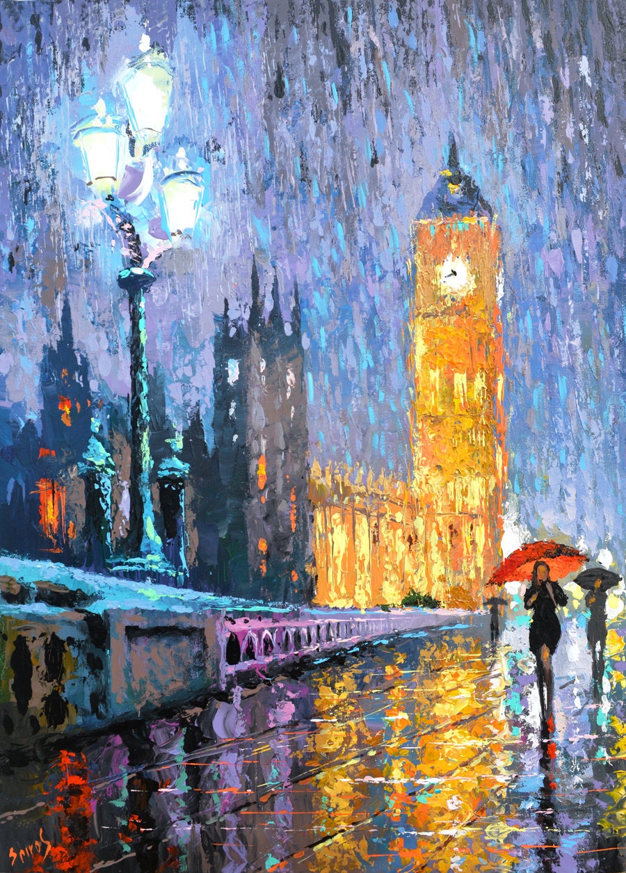 Night London in rain OIL PAINTING on canvas by Dmitry Spiros