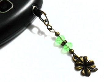 Clover Phone Charm, Four Leaf Clover Charm Cell Phone Accessories, St. Patrick's Day Dust Plug, Good Luck Clover Phone Jewelry, Green Beads