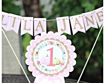 PUMPKIN CAKE TOPPER, Little Pumpkin Cake, 1st Birthday, Floral Wreath, Shabby Chic, Pumpkin Party Decorations, Fall Harvest, Smash Cake