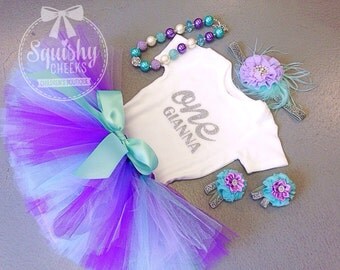 Tutu Birthday Outfit, 1st Birthday Outfit, Trendy First Birthday, Baby Girl 1st Birthday Outfit, Purple and Aqua Birthday Outfit, One Shirt