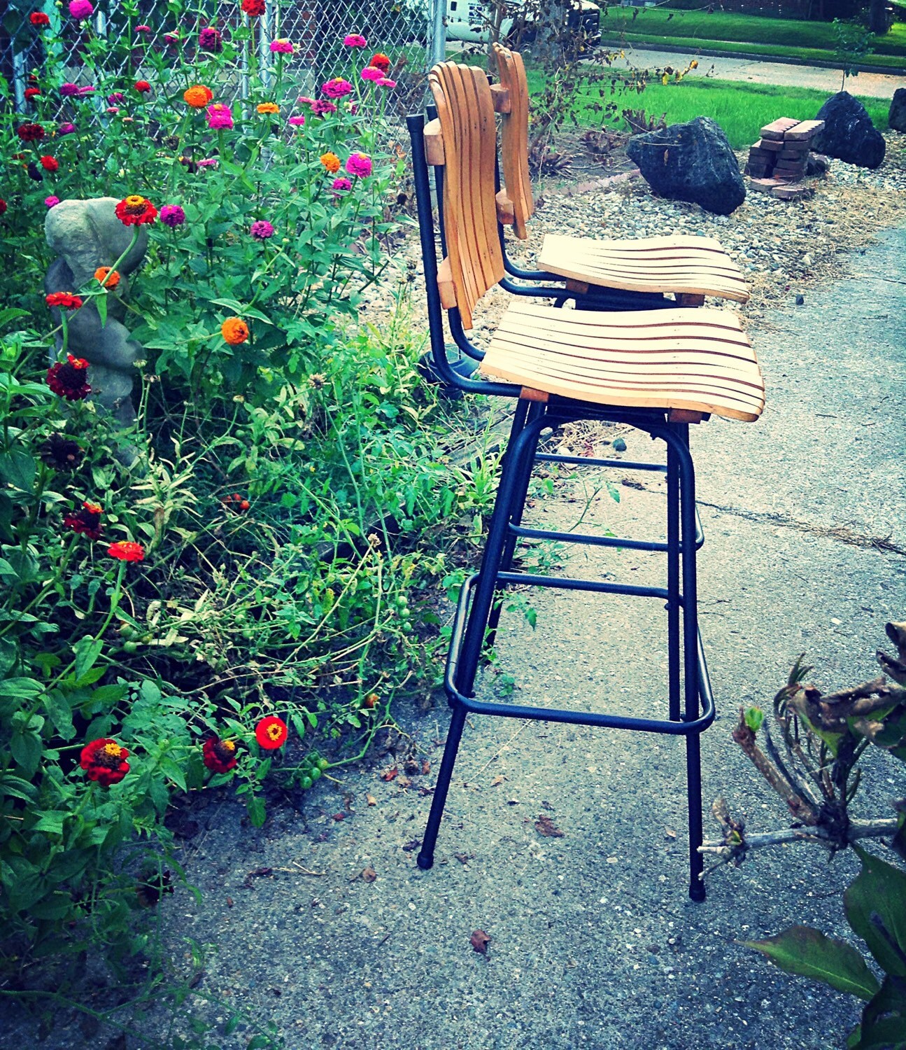 Refurbished MidCentury Umanoff Style Slatted Wood Swivel Bar Stools Haute Juice