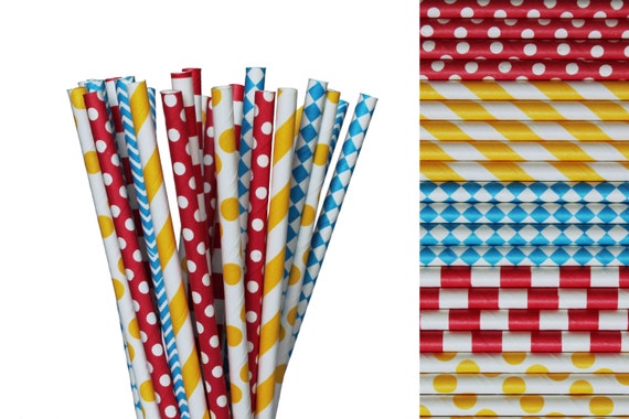 Circus Paper Straw Mix-Red Straws-Polka Dot Straws-Yellow Straws-Blue Straws-Chevron Straws-Carnival Straw-Diamonds-1st Birthday-Clown Party Il_570xn