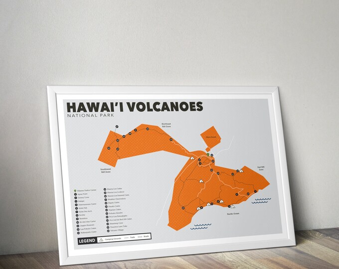Hawaii Volcanoes National Park Map, Hawaii Volcanoes, Outdoors print, Explorer Wall Print