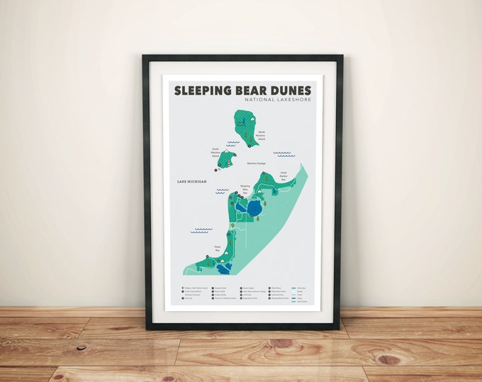 Sleeping Bear Dunes National Lakeshore Map, Sleeping Bear Dunes, Outdoors print, Explorer Wall Print