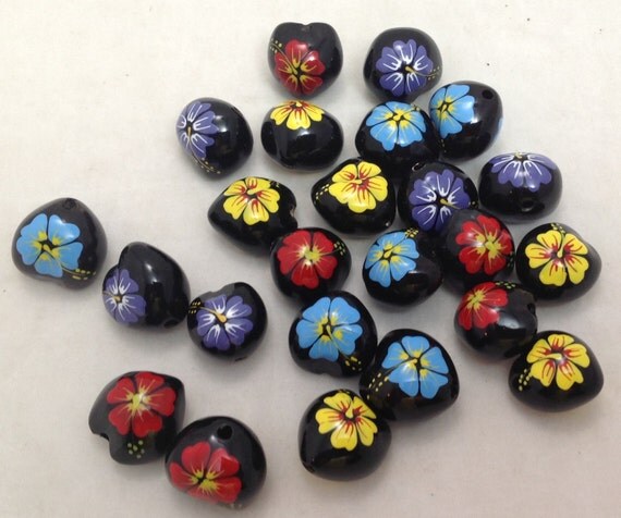 Hawaiian Black Kukui Nut Beads Loose 26 pcs all painted Red