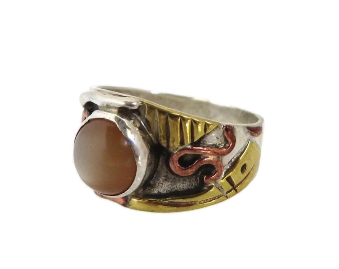 Vintage Brown Opal Sterling Silver Ring, Triple Tone Wide Band Ring, Size 7