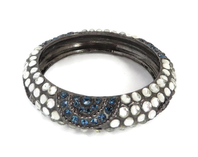 Black Metal Bangle, Vintage Blue White Rhinestone Bracelet, Sparkly Bangle, Gift Idea