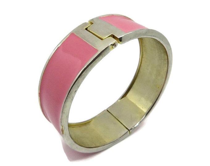 Vintage Pink Hinged Magnetic Clasp Silvertone Enamel Bangle