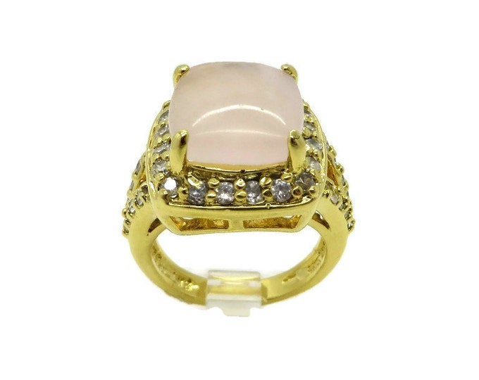 Pink Quartz Statement Ring, Vintage Quartz and CZ Gold Plated Ring, Size 8
