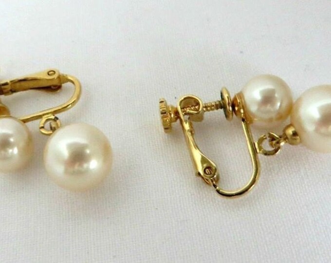 Marvella Pearl Earrings, Vintage Gold Tone Dangling Faux Pearl Clips, Bridal Jewelry
