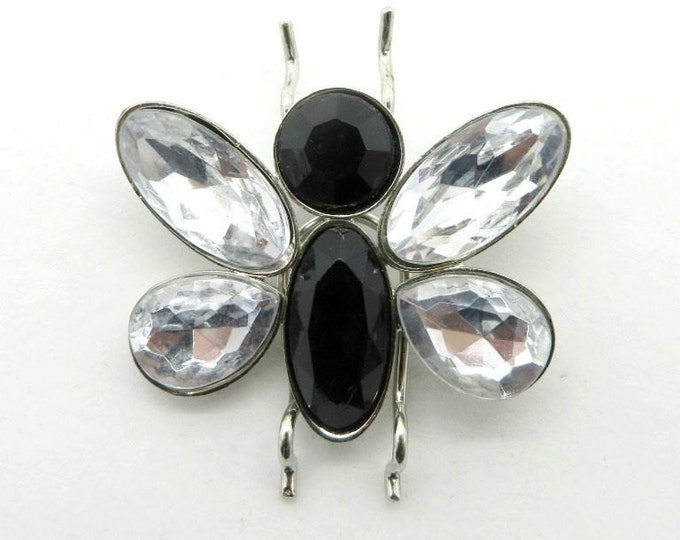 Rhinestone Butterfly Brooch, Vintage Black & White Butterfly, Silvertone Figural Pin