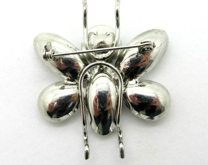 Rhinestone Butterfly Brooch, Vintage Black & White Butterfly, Silvertone Figural Pin