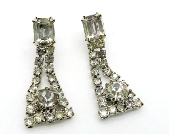 Dangling Rhinestone Bridal Earrings, Vintage Pierced Silver Tone Earrings, Chandelier Studs, Gift for Her