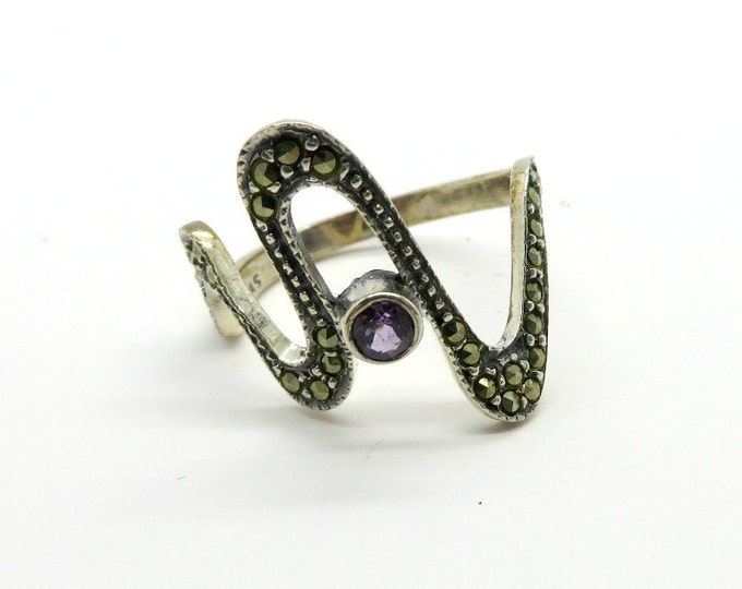 Vintage Amethyst & Marcasite Ring, Sterling Silver Abstract Ring, Size 7