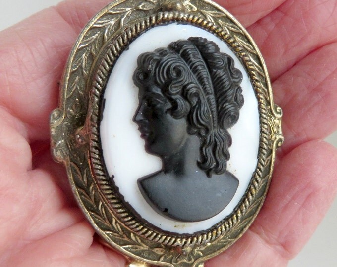 Vintage Cameo Brooch, Black & White Cameo Pendant, Gold Tone Pin-Pendant