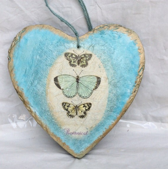 Stylish handmade decoupage large slate heart with jute rope