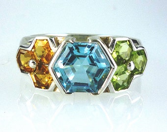 Natural Blue Topaz, Citrine & Peridot Hexagonal Cut stone Ring 925 Sterling Silver