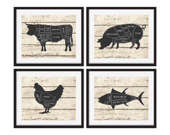 Butcher Art Prints, Kitchen Wall Art, Cow, Pig, Chicken, Fish, Butcher Chart, Rustic Decor, Set of 4 Prints, Faux Wood, Kitchen Art