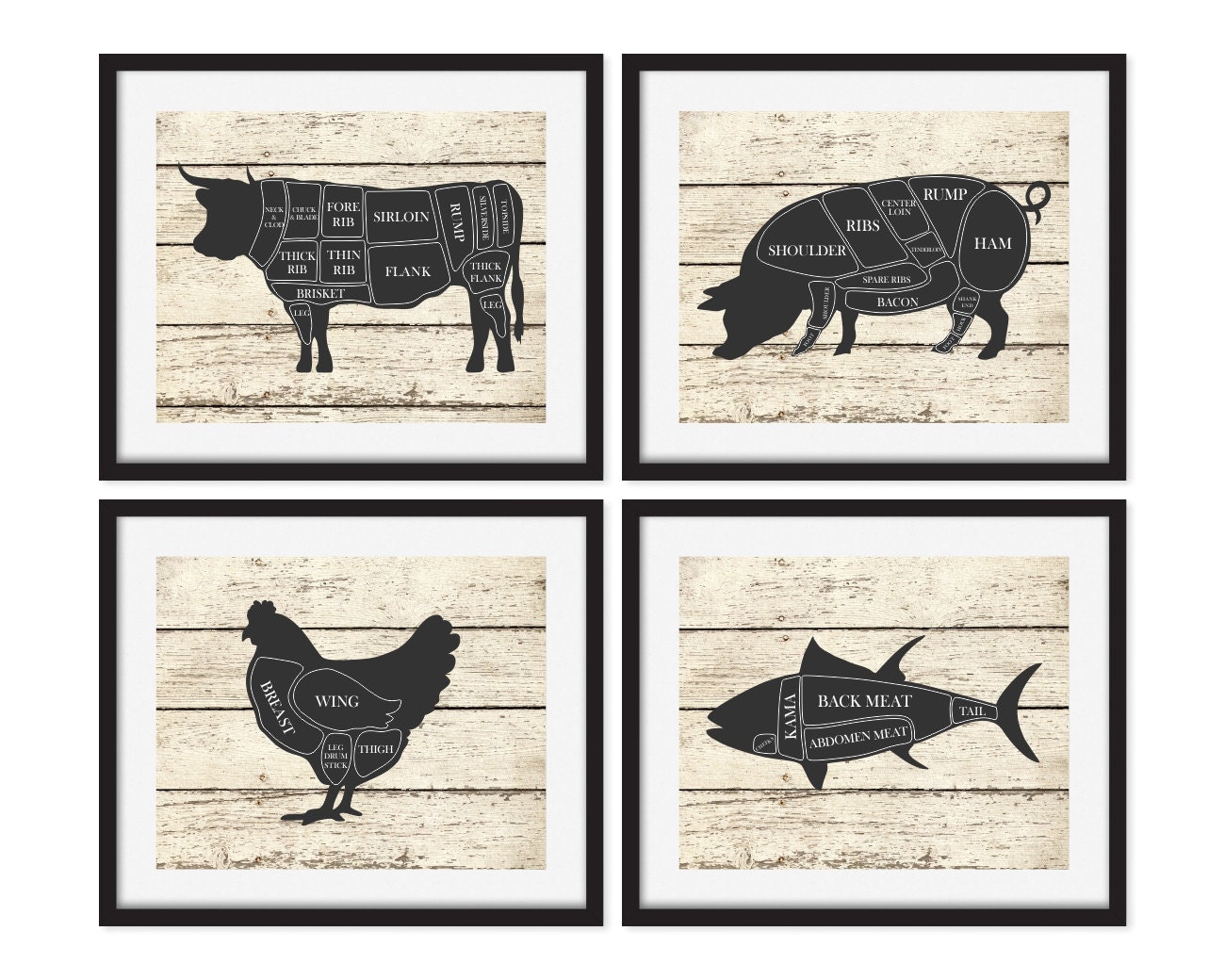 Butcher Art Prints Kitchen Wall Art Cow Pig Chicken Fish