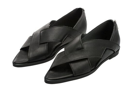 black leather woven sandals