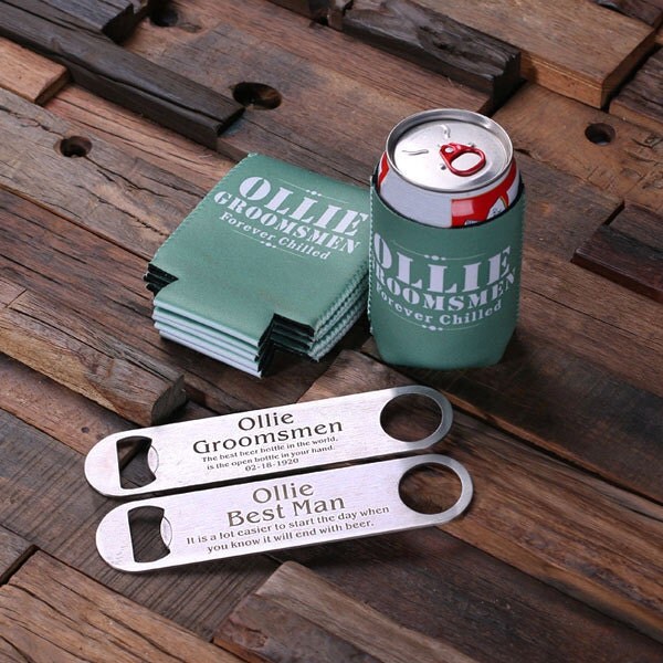 Set of 5 Personalized Wedding Beer Can Holder and Steel Beer