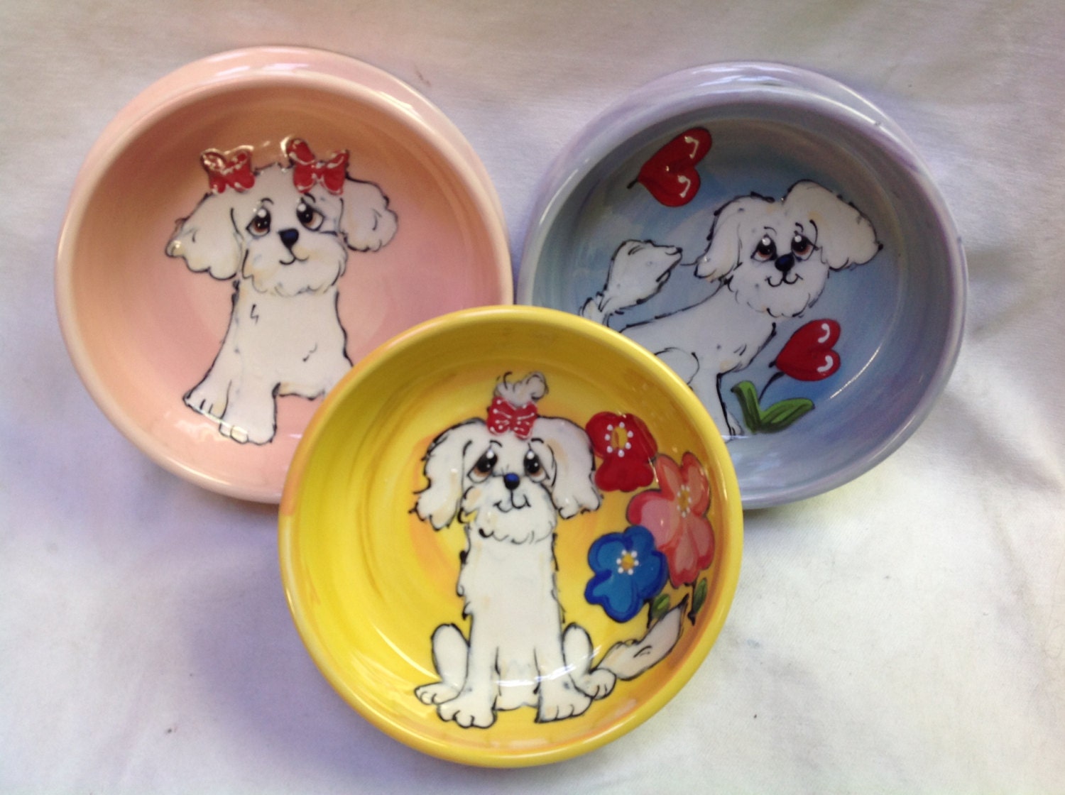 Hand painted Dog Bowls / Matching Set / Whimsical Bichon
