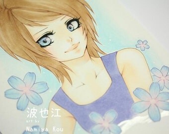 Original Anime Girl Portrait, Manga Art Shojo Illustration, Cute Girl Artwork, Pastel Flowers Purple and Silver, Pale Blue Marker Drawing