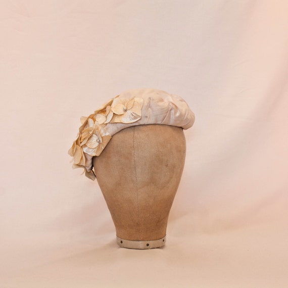 Handmade pure silk hat in palest peach decorate with delicate flowers