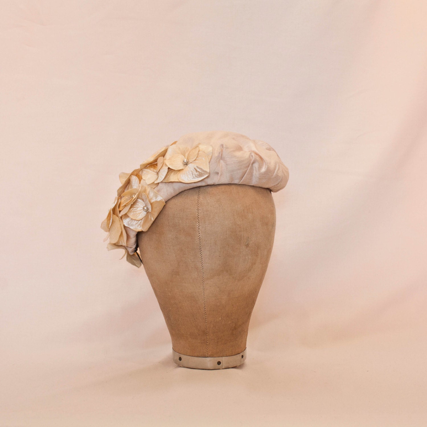 Handmade pure silk hat in palest peach decorate with delicate flowers