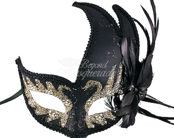 Black Swan Halloween Mask - Black Masquerade Mask with Intricate Glitter Swan Design and High Fashion Feathers & Jewels, Gold Glitters