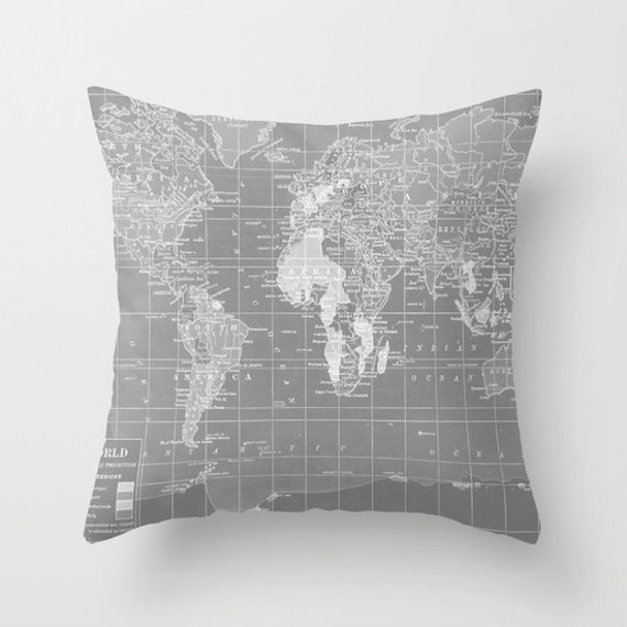 World Map Pillow Grey and White Map of the World throw