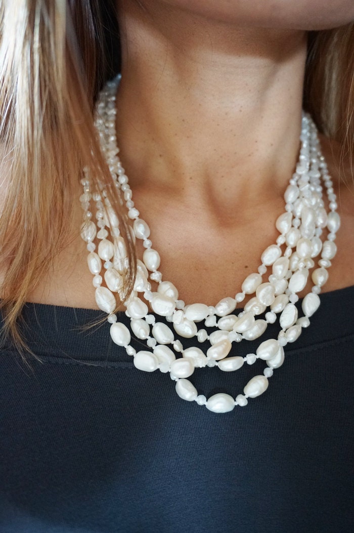 Multi Strands White Freshwater Pearl Necklace With Crystal