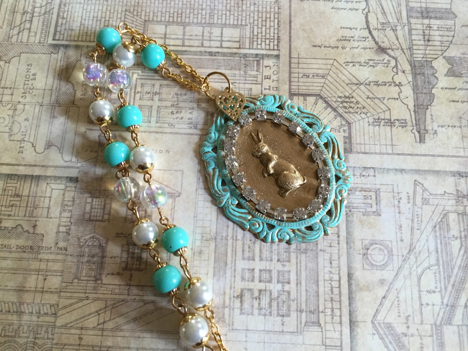 Aqua bunny necklace hand painted rabbit necklace mixed media