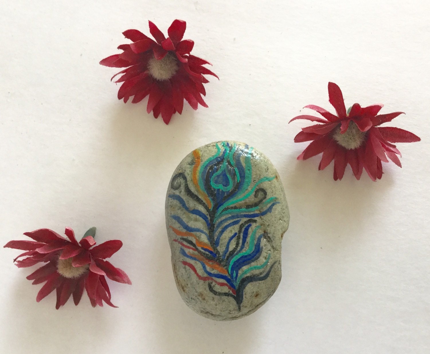 Peacock feather Rock hand painted San Diego Sea by SunStroked